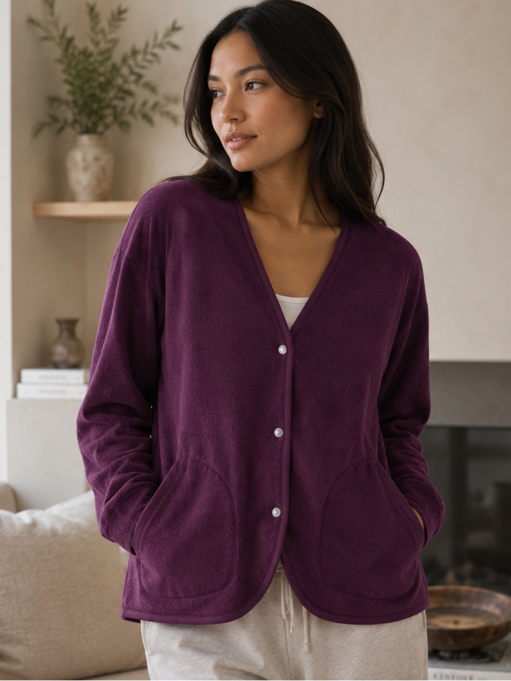Kit and Ace Snap Front Fleece Minimalist Cardigan Purple Jacket Casual Athletic